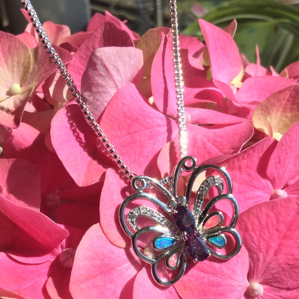💜925 Silver Fire Opal/Amethyst/Zirconia Necklace